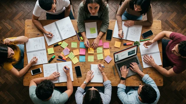 eam, workshop, office, collaboration, sticky notes, planning, strategy, brainstorming, table, overhead, people, working, laptop, notebooks, creativity, business, meeting, together, analysis, group, ai generated. How to run a sales content audit for a UK sales team