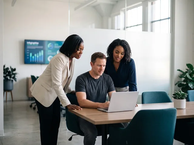 office, collaboration, meeting, diversity, laptop, professionals, teamwork, computer, modern, colleagues, workplace, technology, company, strategy, discussion, communication, career, men and women, leadership, conference room. How to choose a sales enablement attribution model for B2B revenue teams