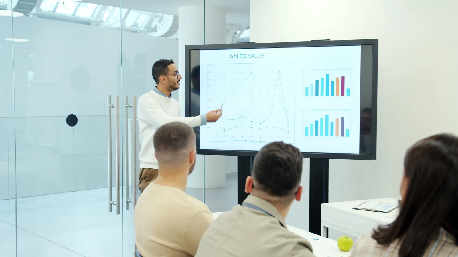 Professional business presentation analyzing sales growth with charts.