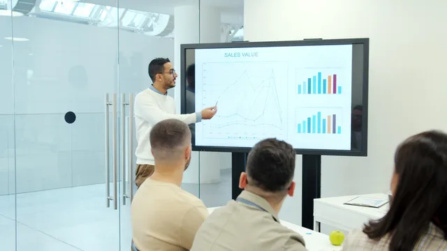 Professional business presentation analyzing sales growth with charts. How to build a sales enablement return on investment model