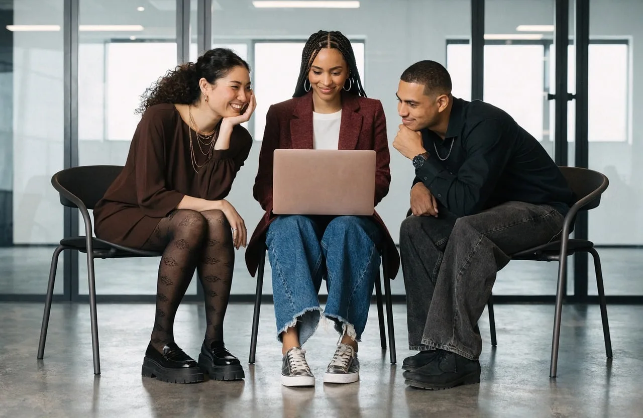 people, meeting, interaction, informal, collaboration, laptop, smile, friendship, attire, joy, conversation, workspace, teamwork, communication, business environment, employment, team, informal relaxed atmosphere, gesture, collective work
